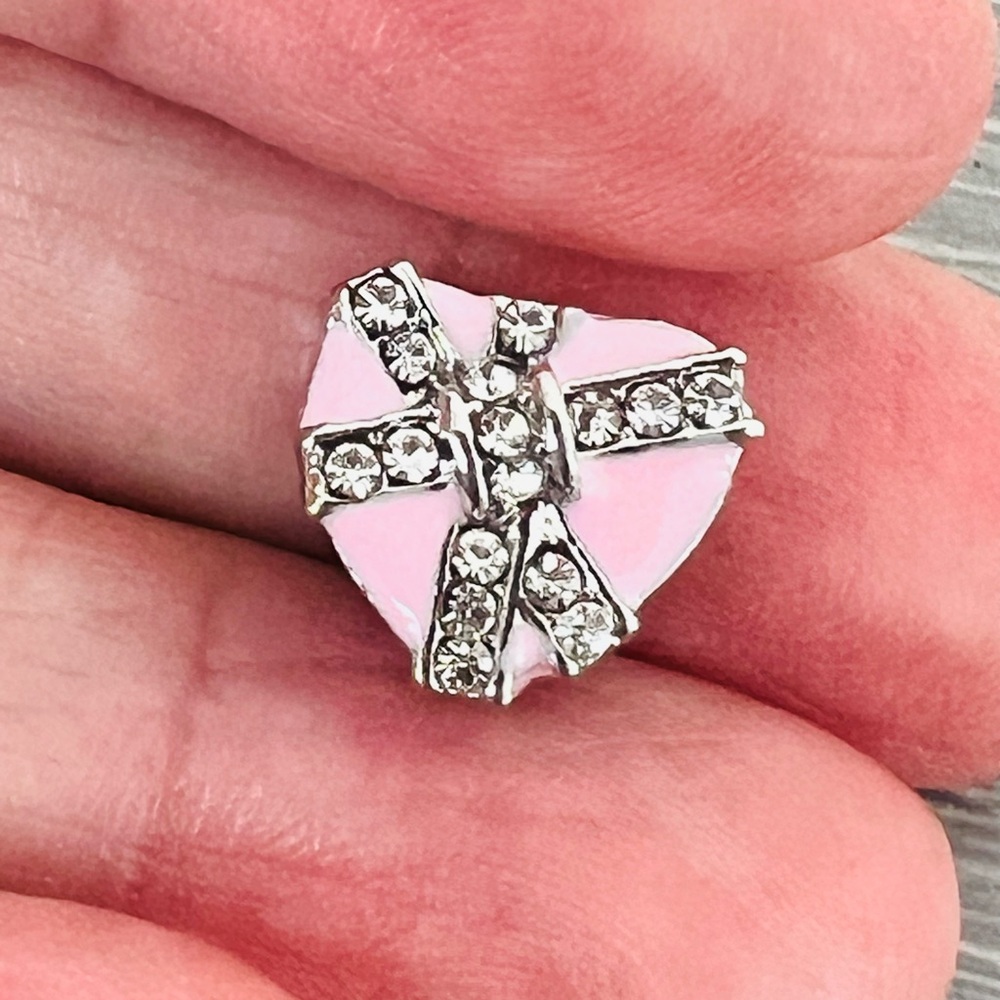 Silver plated pink enamel & paved clear crystal HEART Bracelet charm
